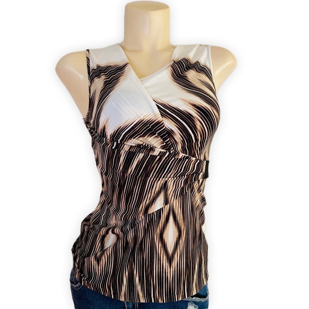 Le Chateau Wrap Illusion Zig Zag Printed Top Side Ruching Styled Top Size XSmall